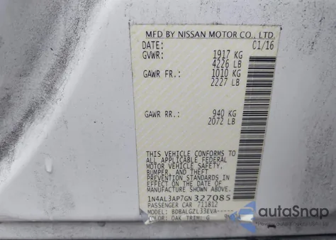 2016 Nissan Altima 2.5/2.5 S/2.5 Sl/2.5 Sr/2.5 Sv z USA, uszkodzony, nr VIN 1N4AL3AP7GN327085